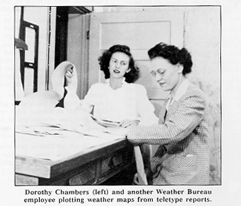 Dorothy Chambers (left) and another Weather Bureau employee plotting weather maps from teletype reports.