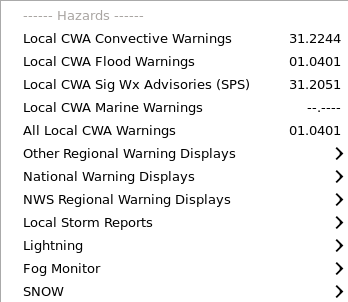 Hazards section at the bottom of the Obs menu.