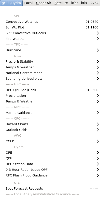 NCEP/Hydro pulldown menu.